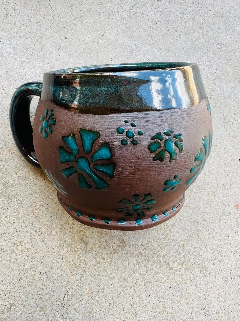 Blue and Brown Floral Pottery Mug Handmade